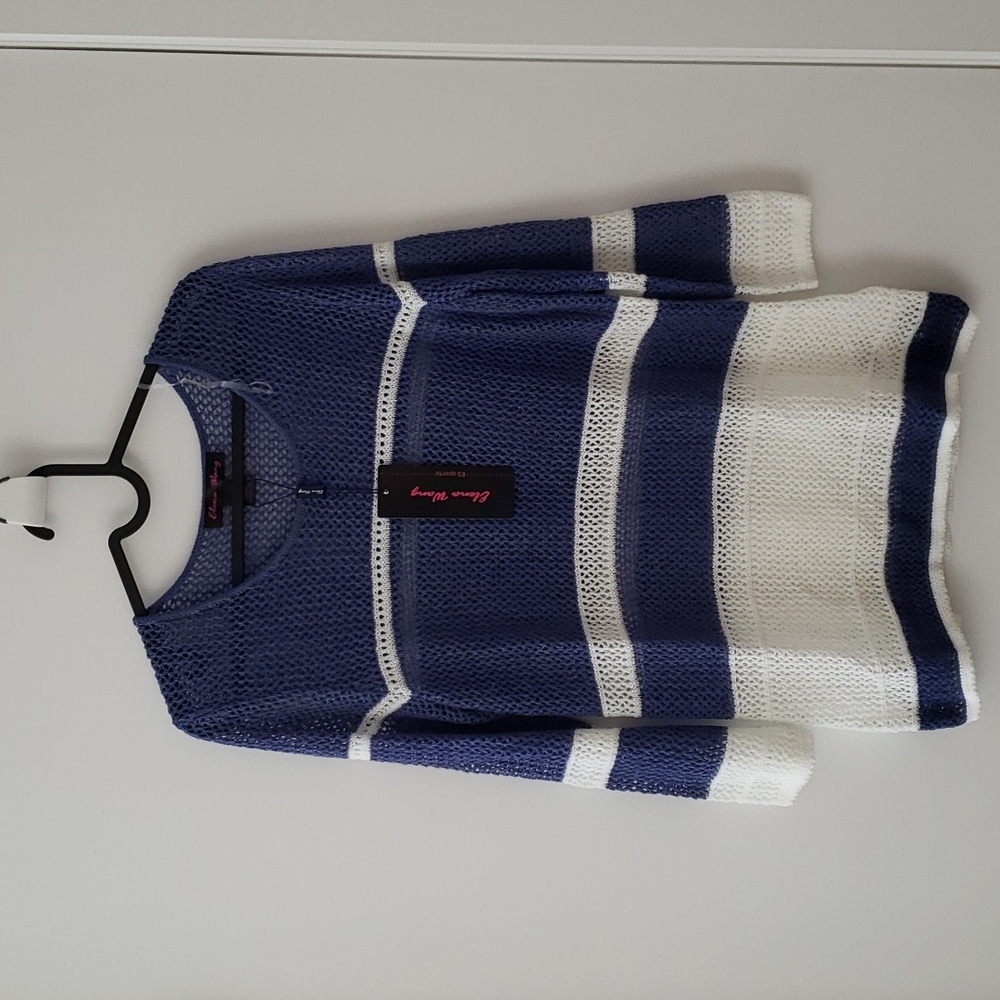 Elena Wang top long sleeves blue/white strips, size small/petit